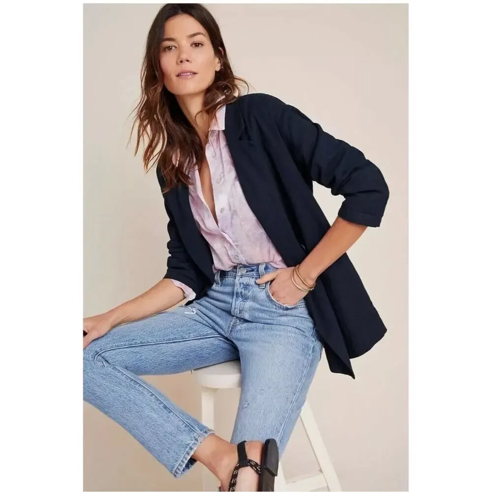 Amadi Anthropologie Blazer Womens Large NWT Navy Kayne Double Breast Linen Blend